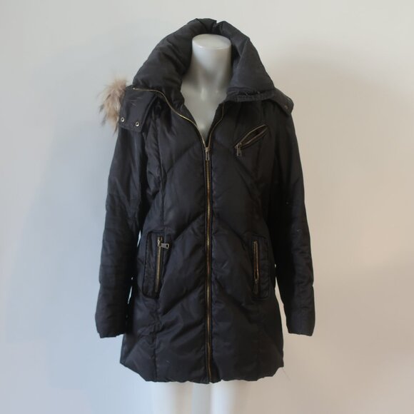 Womens Andrew Marc Black Down Coat W/Raccoon Fur Hood L - Picture 1 of 10